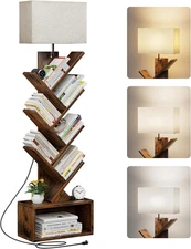 6 Tier Tree Bookshelf with Light, Narrow Bookcase Tower, Tall Floor Standing Boo