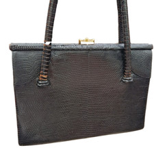 1950s Waldybag Snakeskin Handbag Black Gold Frame Vintage Top Handle Bag