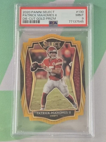 Patrick Mahomes II 2020 Panini Select #130 Gold Prizm Die Cut 8/10, PSA 9