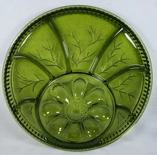 Vintage Indiana Green Glass Deviled Egg Relish Serving Plate Platter 12.75" EUC