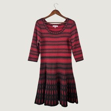 Geometric Boho Fit Flare Sweater Dress Size L Red Black Retro 70s Inspired Knit