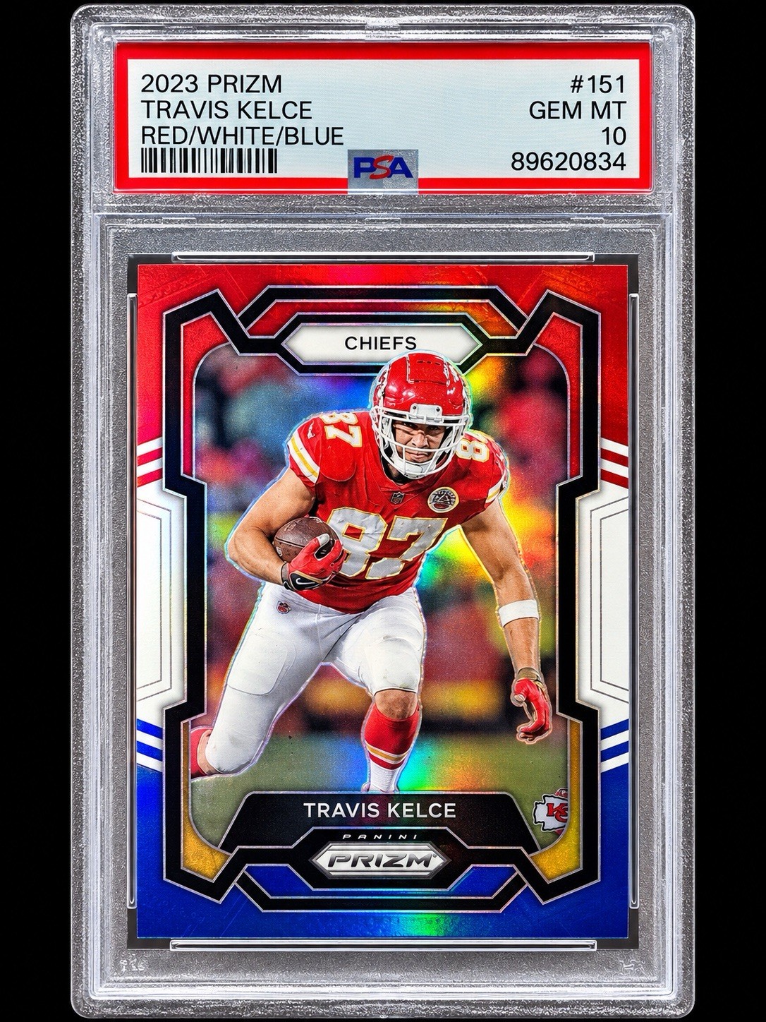 2023 Panini Prizm - Travis Kelce #151 Red White & Blue Prizm PSA 10