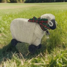 Primitive Wooly Lamb Sheep Holiday Figurine on Wheels Wood Body Bell Bow Vintage