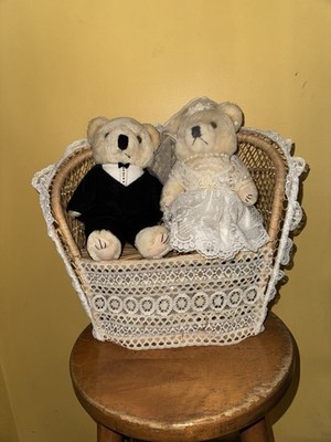 Bearly People Victorian Bride & Groom 9'' Plush Wedding Teddy Bears Wicker Bench
