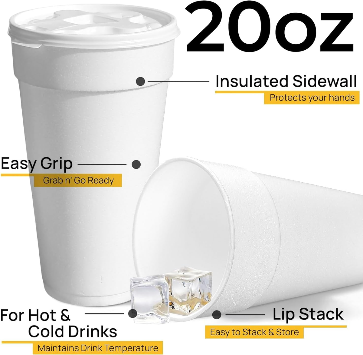 20 Oz Styrofoam Cups with Lids (50 Pack) Large Foam Cups for Hot and Cold  Drinks