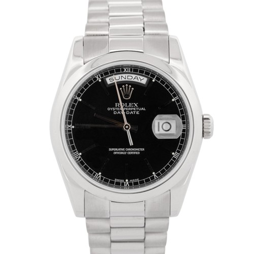 Rolex Day-Date President Black 36mm 18k White Gold Smooth Bezel Watch 118209