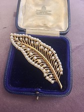 Vintage Gold Tone Crown Tifari Faux Pearl Leaf Brooch 8cm