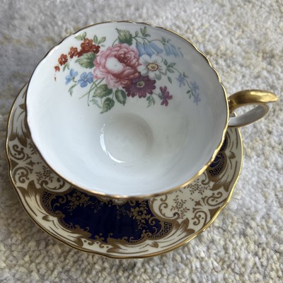 Crown Staffordshire Bone China Porcelain Cup & Saucer w/ Cobalt Gold Floral Dec.