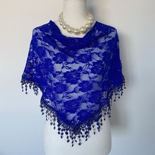 Women s Blue Lace Sheer Floral Triangle Scarf Wrap Shawl Fringe Accent