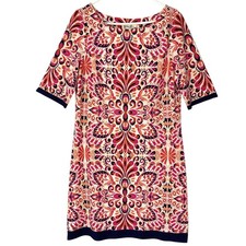 Eliza J Pink Orange Medallion Shift Dress 12 Pullover Boat Neck Short Sleeve