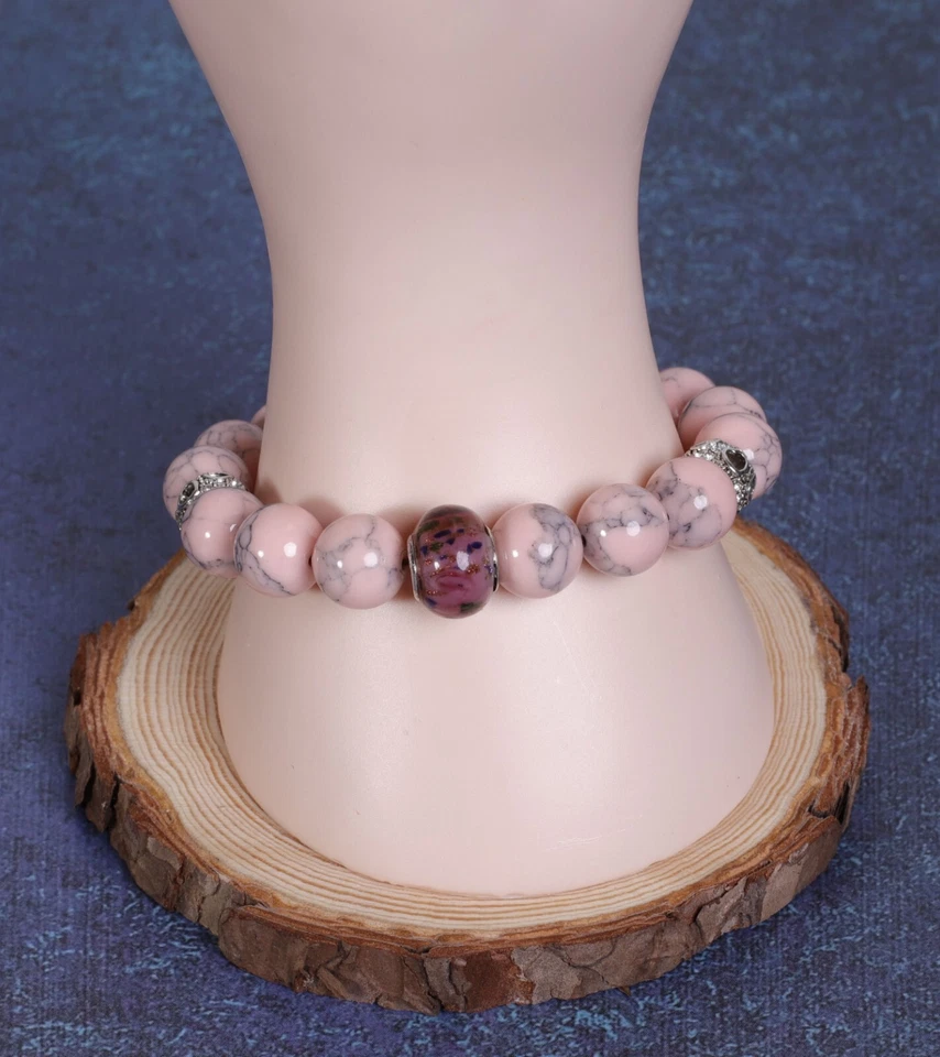 🙏 Pulsera Piedras Naturales 12 mm cuenta plata 925 y cristal murano Boho Casual Foto 3 de 4