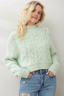 Free People Merry Go Round Crop Cable Knit Sweater, Mint Green, XS, RRP $128