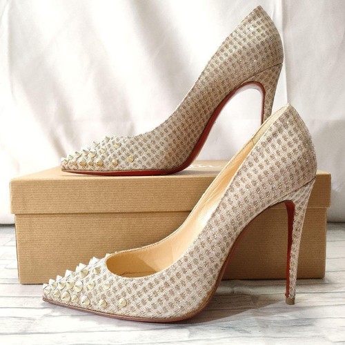 Christian Louboutin Spiky Shell 100 Bombas Oro Blanco Tachuelas Talla 6 EE. UU. Excelente - Imagen 7 de 19