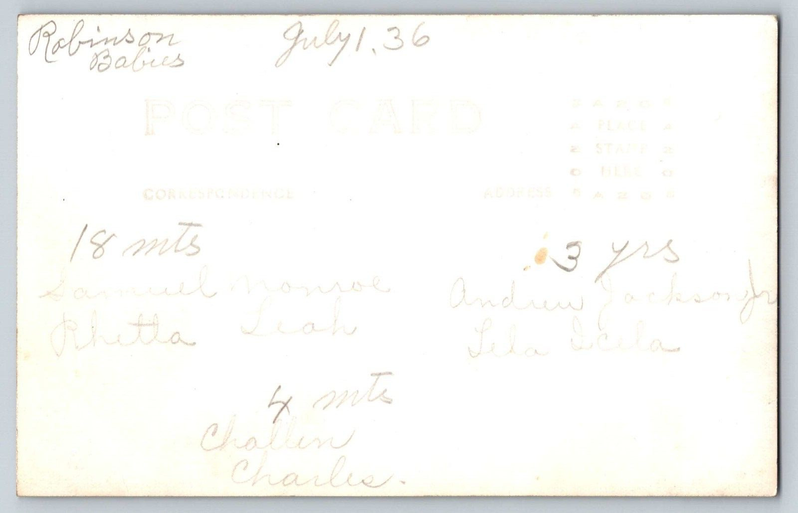 Postcard RPPC Studio Family Portrait "Robinson Babies"  Six Adorable Children A5