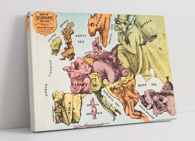 KRIEGSKARTE VON EUROPA DURCH FRANZÖSISCHE AUGEN GESEHEN - TIEF GERAHMTER LEINWANDBILD-WANDKUNSTDRUCK
