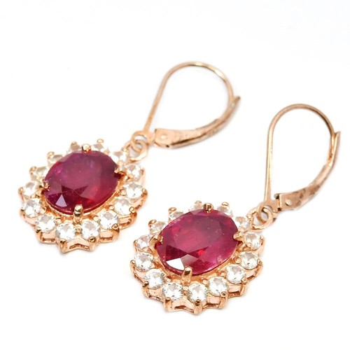 925 STERLING SILVER NATURAL PIGEON BLOOD RED RUBY & WHITE CZ DANGLE EARRING - Picture 6 of 8