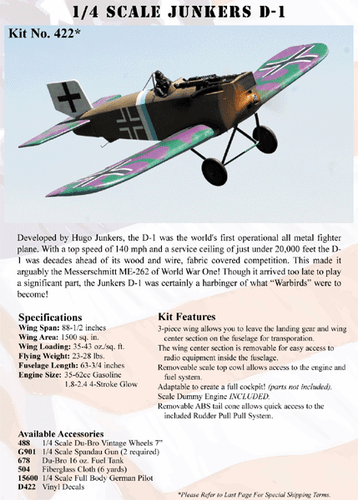 Balsa USA 1/4 Quarter Scale Junkers D1 D-1 RC Remote Control Airplane Kit #422 - Picture 2 of 3