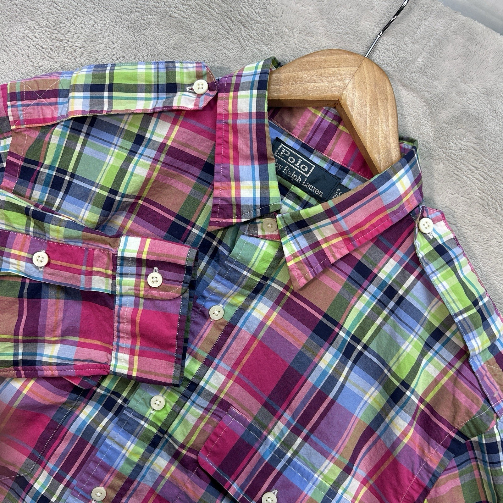 Vtg Polo Ralph Lauren Military Style Long Sleeve Button Shirt Men's Large Plaid.