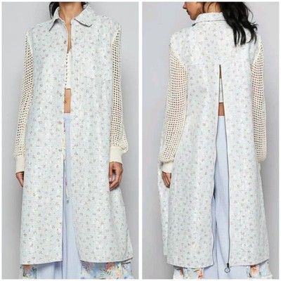 POL longline printed lace crochet sleeve jacket button front Size Small Back zip