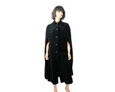 50s Opera Cape OS Vintage Long Black Cotton Velvet Button Down Full Length Cloak