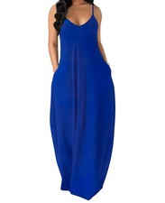 OFEEFAN Womens Maxi Dresses Summer V Neck Spaghetti Strap Long Dress Blue M