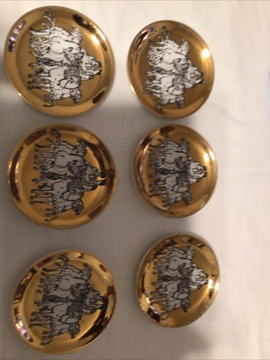 Fornasetti Milano 6 Coasters Set Vintage MCM Gold Chariot Plate Saks Fifth Ave