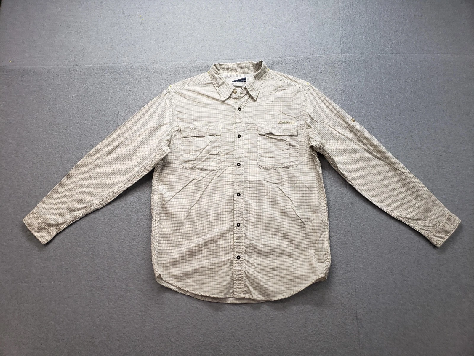 ExOfficio Insect Shield Shirt Mens Large Beige Plaid Vented Hiking Fishing UPF