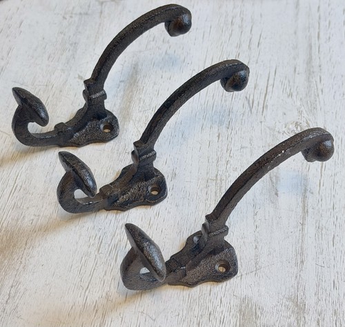 3 Cast Iron Rustic Double Wall Hooks Vintage Style Coat Keys Entryway Hooks 