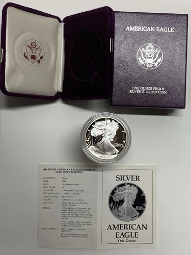 1989-S American Silver Eagle Proof 1 Troy oz .999 Fine Silver Coin in box w/COA