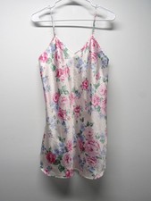 Vtg 90's DENTELLE Pink Floral Shiny Satin Mini Slip Dress Chemise sz Small USA
