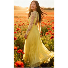 Asos Yellow Long Sleeve Floral Lace Pleated Paneled Maxi Dress Size 0