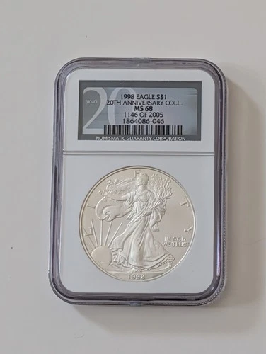 1998 AMERICAN 1 OUNCE SILVER EAGLE NGC MS68 20TH ANNIVERSARY SKU 1864086-046