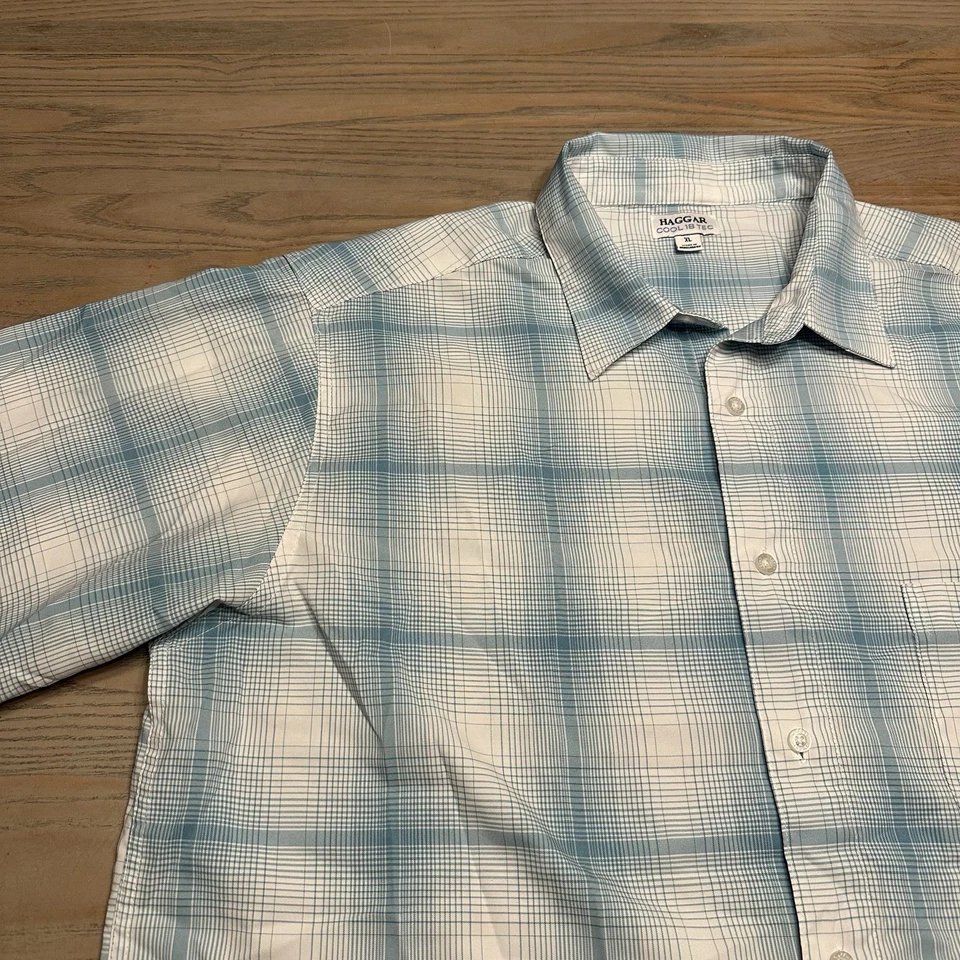 Haggar Cool 18 Tec White & Blue Plaid Shirt Mens Sz XL Button Up Short Sleeve - Image 4 of 4