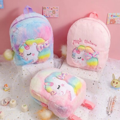 Mädchen süß flauschig Einhorn Plüsch Rucksack weich Reise Aufbewahrung Schultasche 1 Stck.