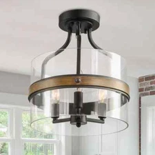 LNC Modern Farmhouse Drum Ceiling Light w/ Faux Wood Accent Clear Glass Shade
