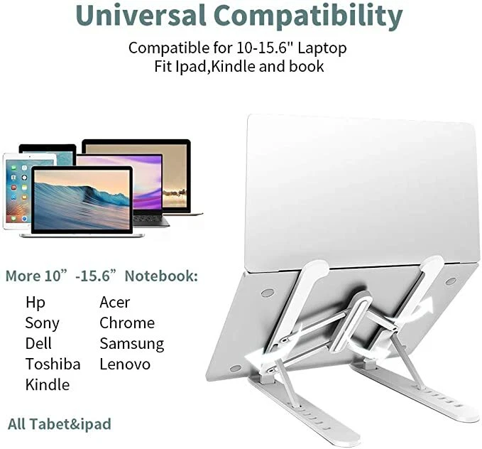 Adjustable Aluminum Laptop Stand with 6 Angles, Foldable for Desks & Tablets