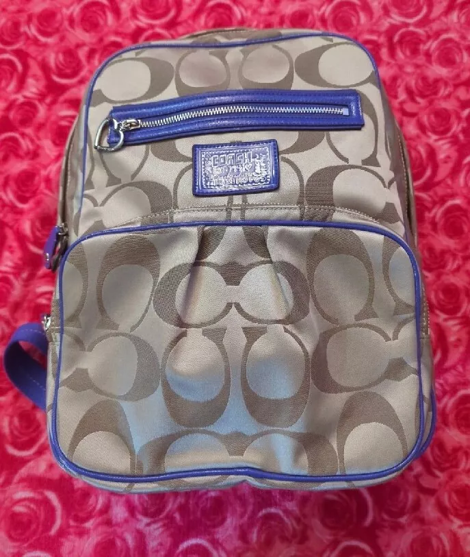 Coach Poppy Daisy Signature Backpack Khaki With PURPLE Leather Trim F20046