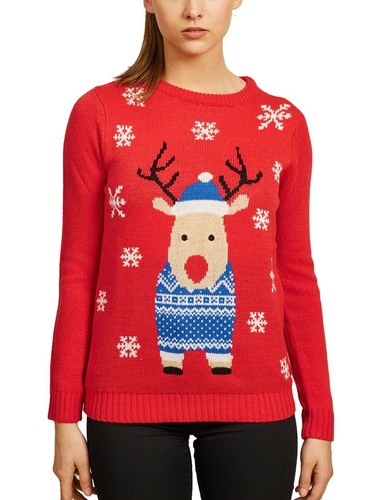 Womens Christmas Jumper Rudolph Knitted Xmas Size 10 12 14 16 Red Grey |  eBay