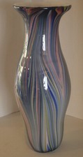 Beautiful Large Heavy Murano Style Hand Blown Vase Multi-Color Stripes 18"Tx7"D