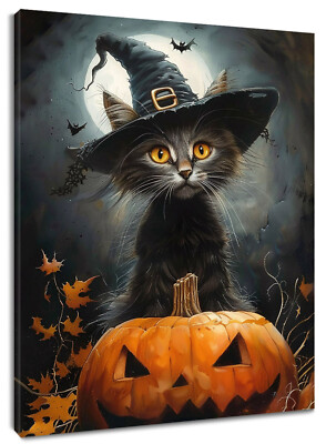 Creepy Moon Witch Black Halloween Cat Canvas Wall Art for Bathroom