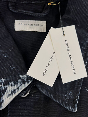 $1890 Dries Van Noten Womens Black Bleached Denim Jacket Coat Size