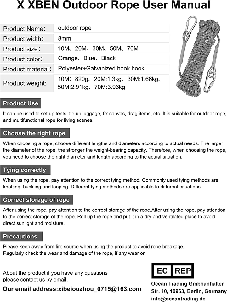 X XBEN Outdoor Climbing Rope Static Rope for Climbing, Rescue, & Parachuting eBay