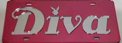 DIVA Mirror License Plate Auto Tag Laser Cut Inlaid Acrylic Chrome Silver Pink