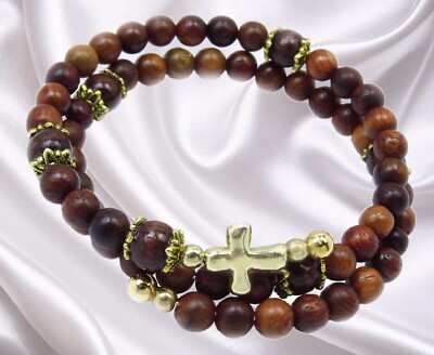 Five Decade Catholic Rosary Wrap Bracelet Hand Carved Natural Wood