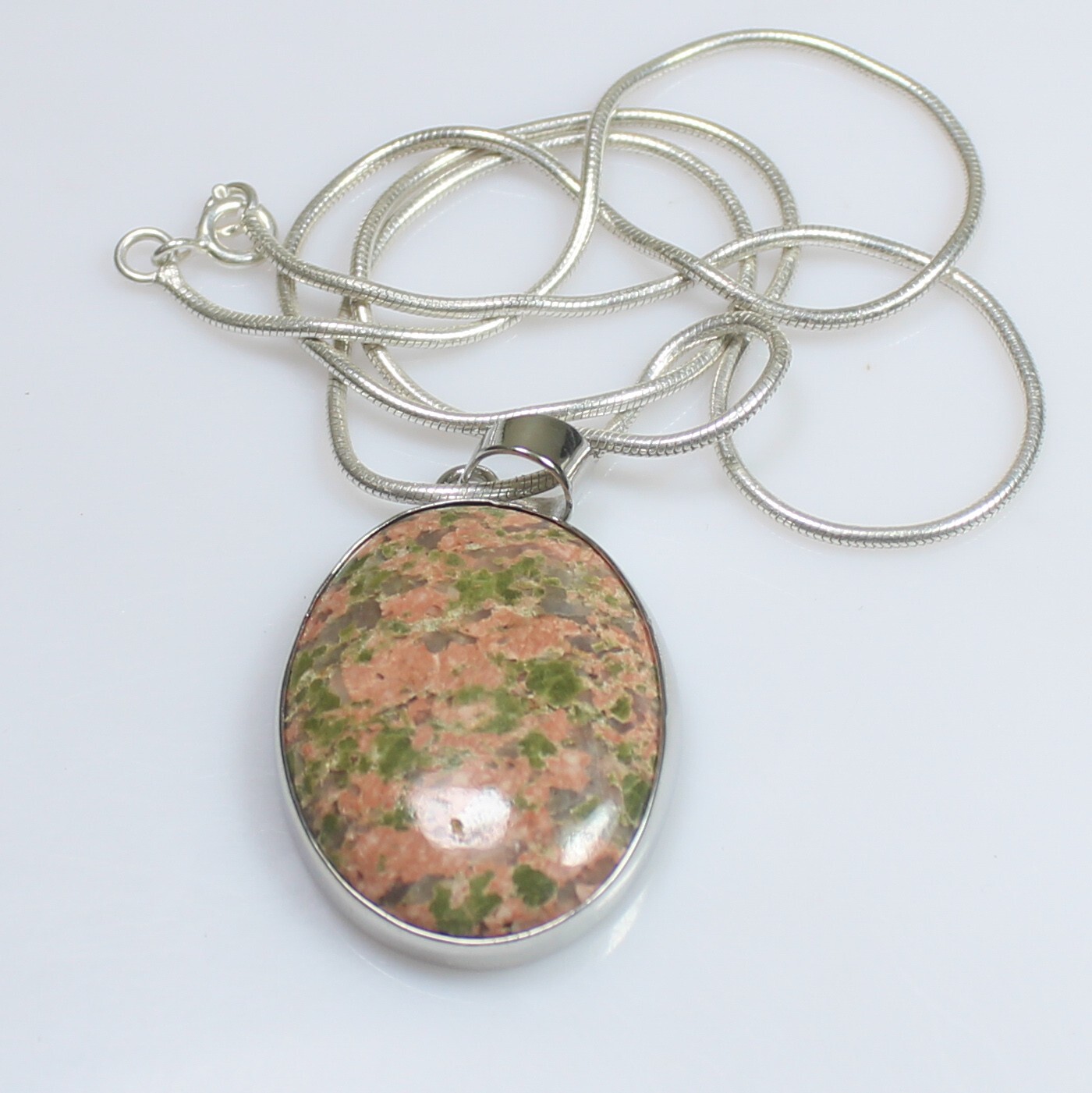 Unakite Pendant in 925 Sterling Silver with Snake Chain