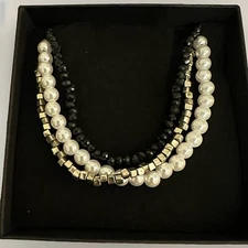 19” ADJUSTABLE TRIPLE LAYER NECKLACE SILVER, FAUX PEARLS, BLACK JEWELS, NWOT