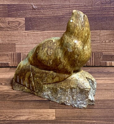 Large Native Chippewa Carved Stone Seal Sculpture By Chuck Poupart