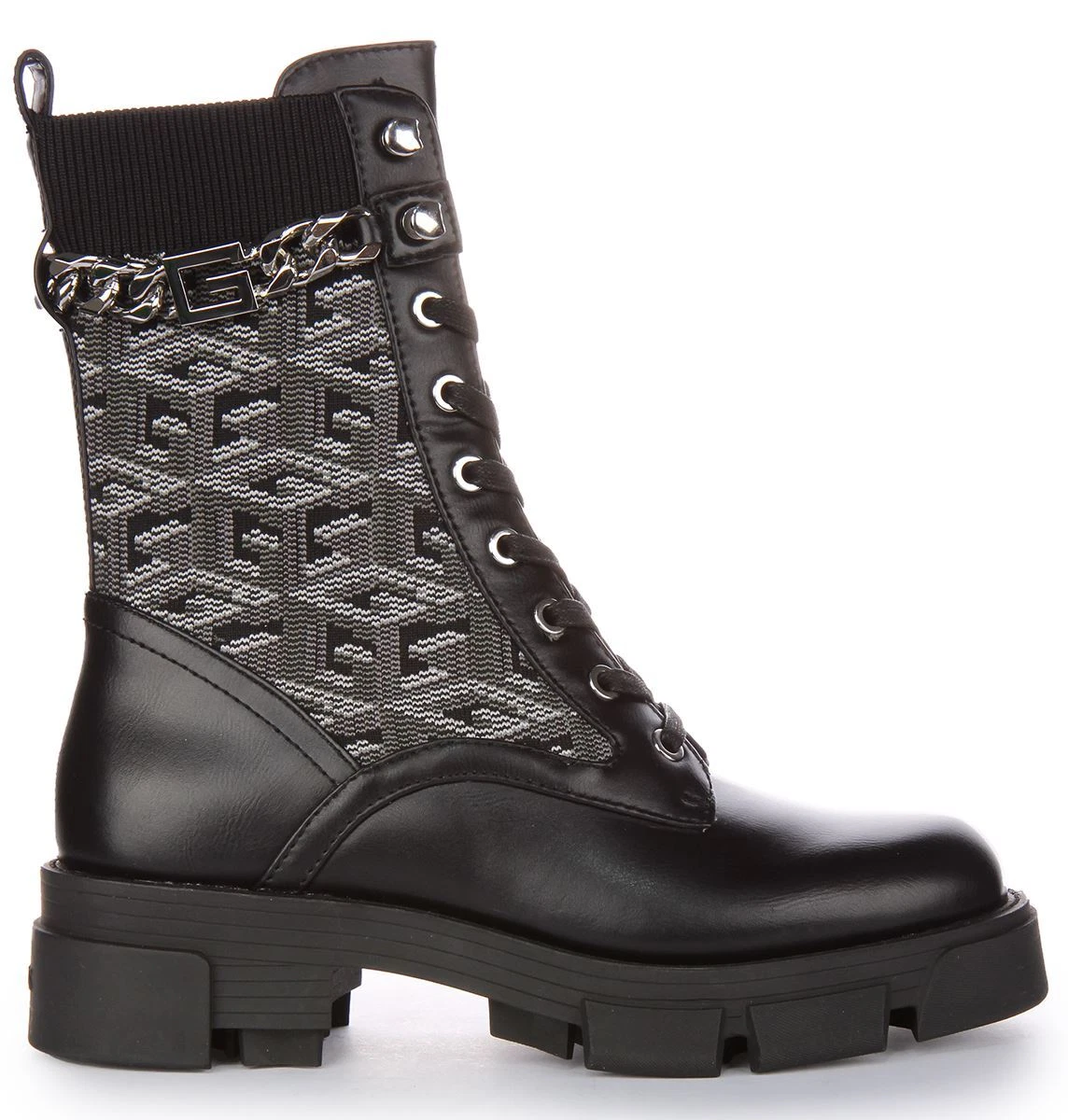 Guess Madeira Cube G Chain Flat Lace Up Combat Boots Black Womens UK 3 8