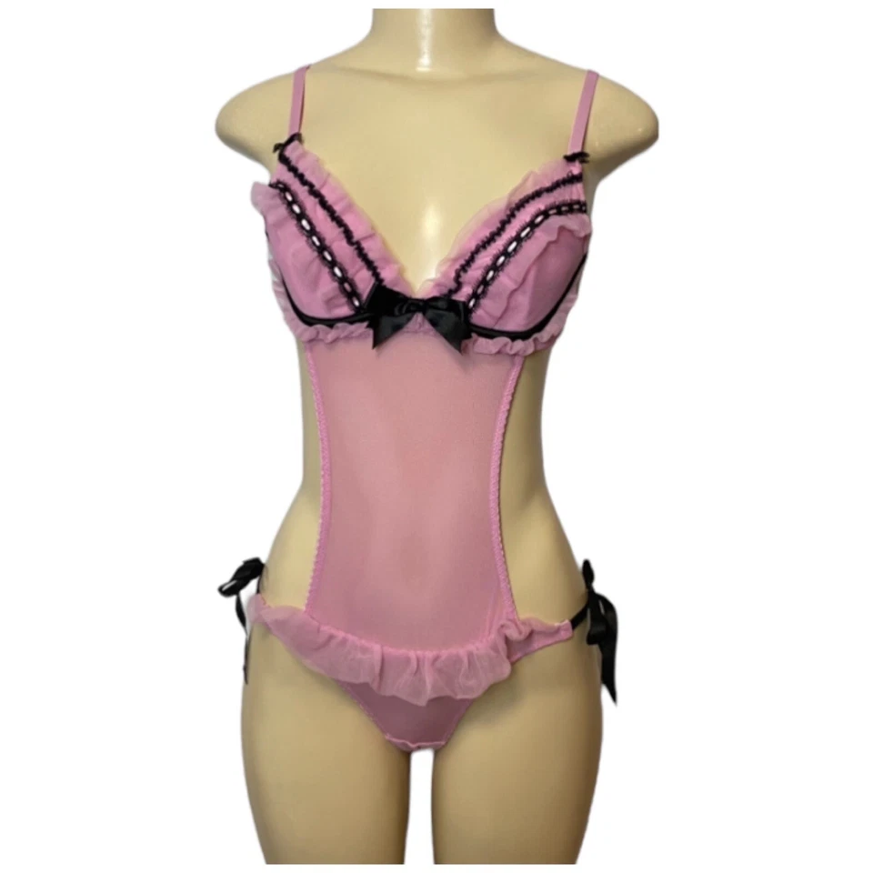 BeWicked Body con Volantes Encaje Peluche Rosa Negro Coqueta Talla Mediana Foto 2 de 4