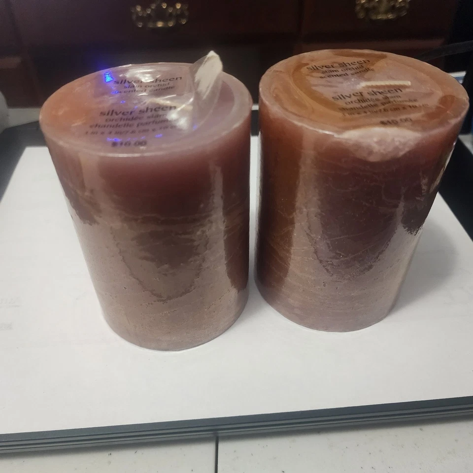Lote de 2 velas PIER 1 Siam Orchard 3X4 Pilar mecha única selladas brillo plateado Foto 4 de 4
